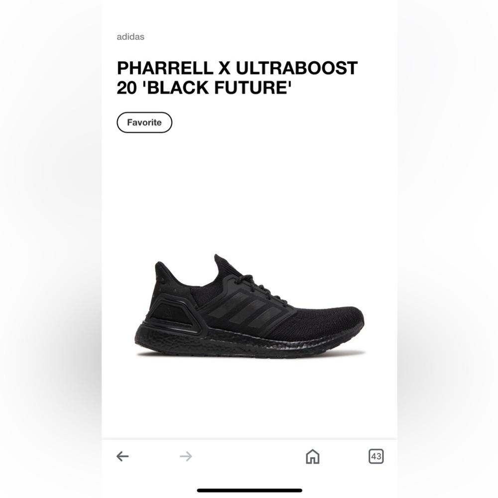 Adidas Ultraboost 20 “All Black” Pharrell Williams GUC Men Size 13